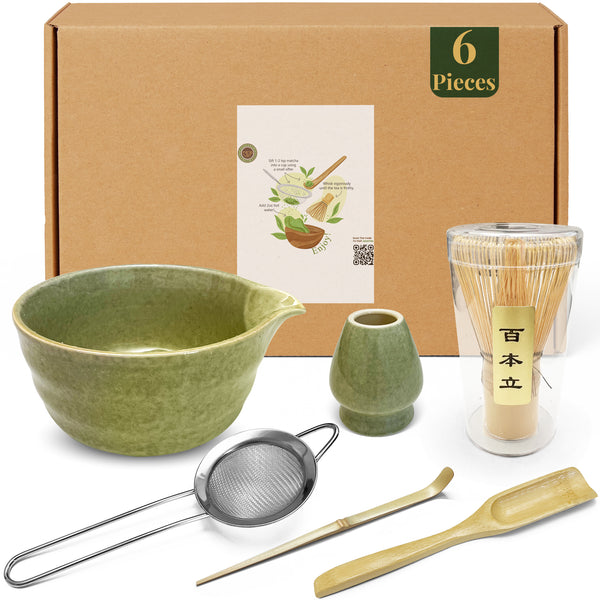 JavaTae 6pcs Green Matcha Whisk Set & Tea Kit with Bowl, Cup, Spout, Bamboo Whisk for Matcha Tea, Powder Kit - Complete Matcha Set, Vibrant Green for Authentic Ceremony